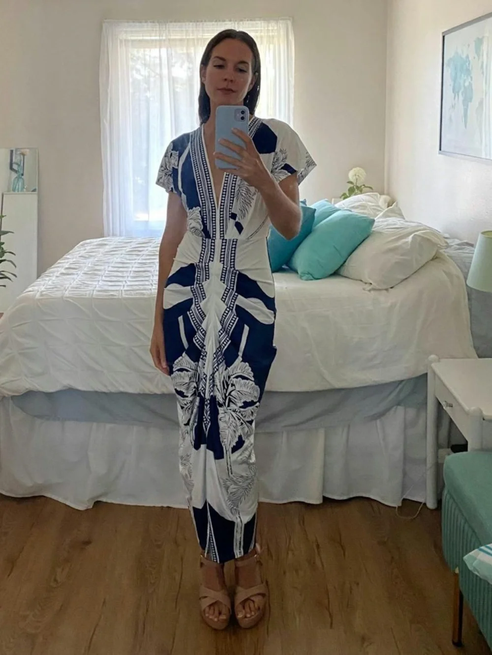 Commense Navy and White Tropical Print V Neck Ruched Dress - Picture 3 of 11